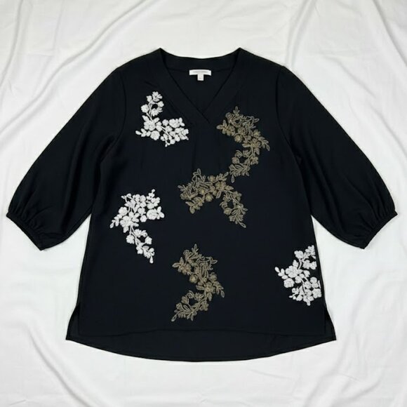 EUC Chico's Black Label Black White Beaded Tunic Top L/12 Resort Boho Chic - Picture 7 of 14